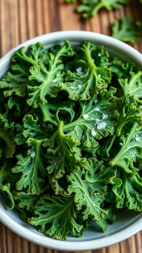 A bowl of crispy kale chips, seasoned and ready to eat, on a wooden table.